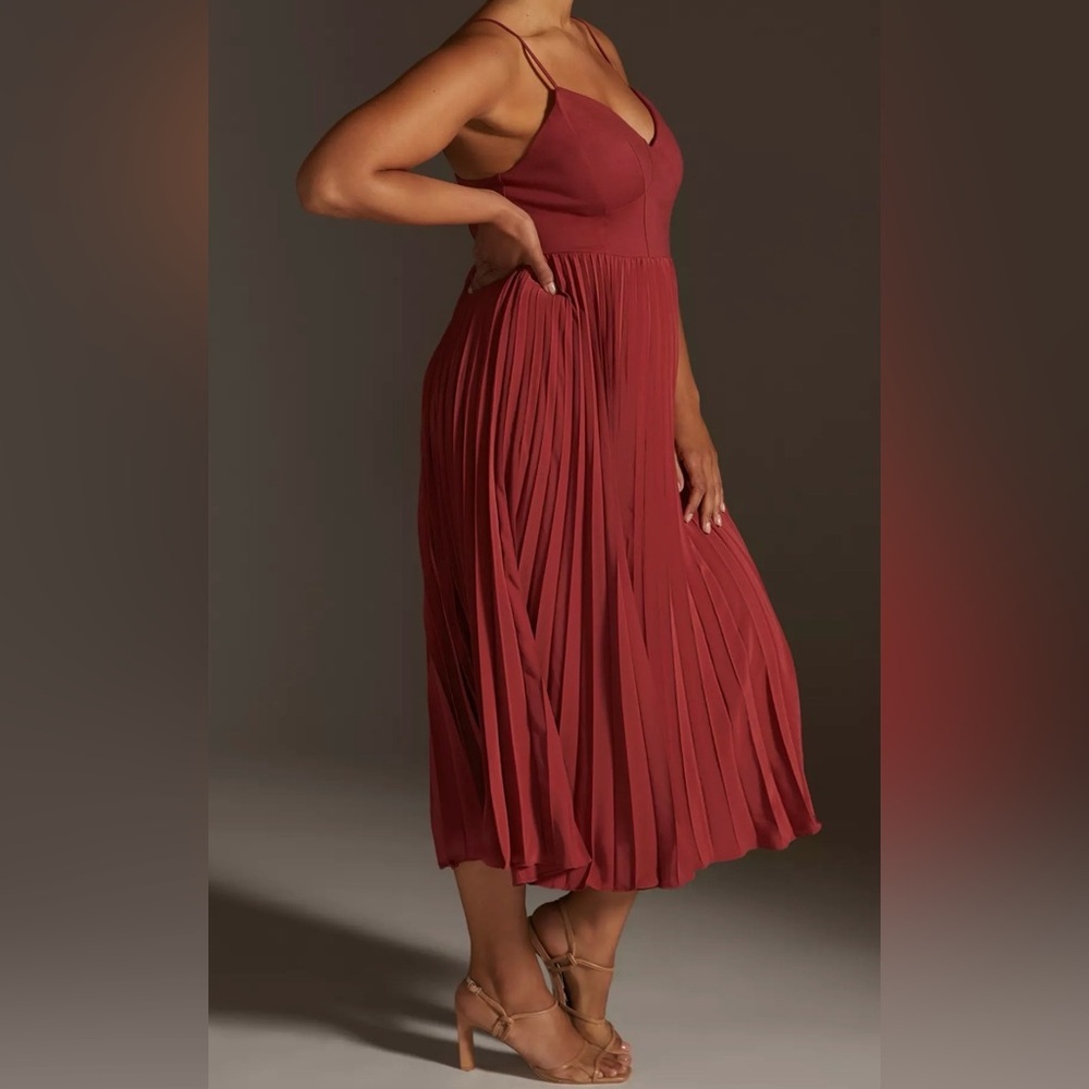Anthropologie Rust Red Pleated Midi Dress - Picture 3 of 10